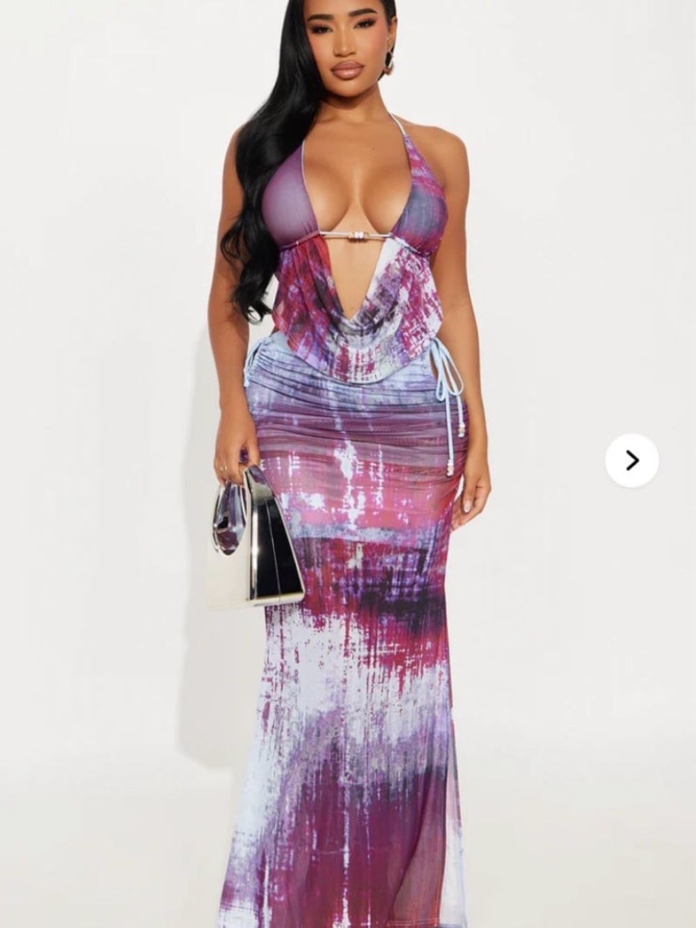Plunging Halter Maxi skirt and top two piece in Purple Tie-Dye